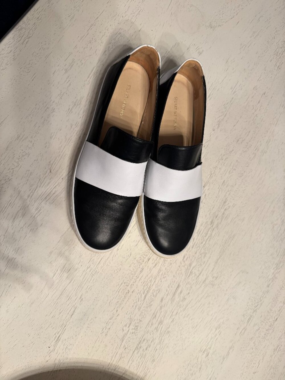 Stuart Weitzman "Boyband" Black/White Colorblock Leather Slip-ons, size 10